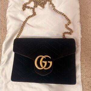 GUCCI GG Marmont Matelassé Black Velvet Wallet On Chain / Crossbody Bag